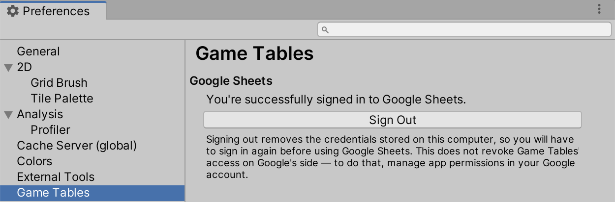 Game Tables Preferences UI